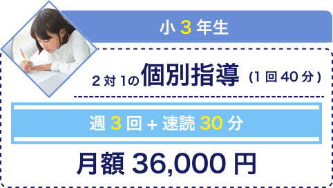 小3年生 2対1の個別指導(1回40分) 週3回+速読30分 月額36,000円